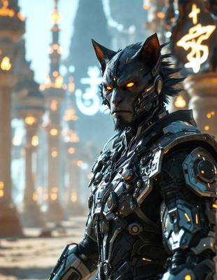 The primary subject of the image is a man wearing a futuristic, metallic suit. He is standing in a setting with a backdrop of pillars and a stone wall. The visual style of the image is digital art, as it appears to be a computer-generated or digitally rendered scene. The colors and mood of the image are dark and dramatic, with the man's suit and the surrounding environment creating a sense of mystery and intrigue.